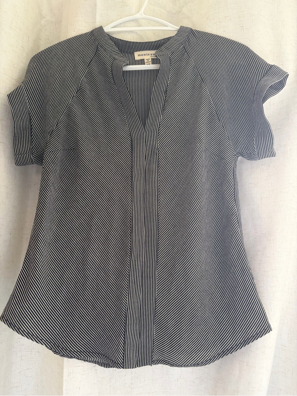 Monteau Black & White Striped V-Neck Short Sleeve Blouse